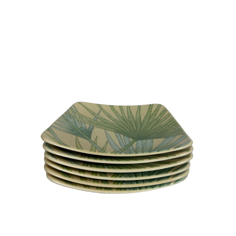 Mikasa Palm CW345 Square Salad Plates Vtg 90s Tropical/Plantation Tan Blue Green